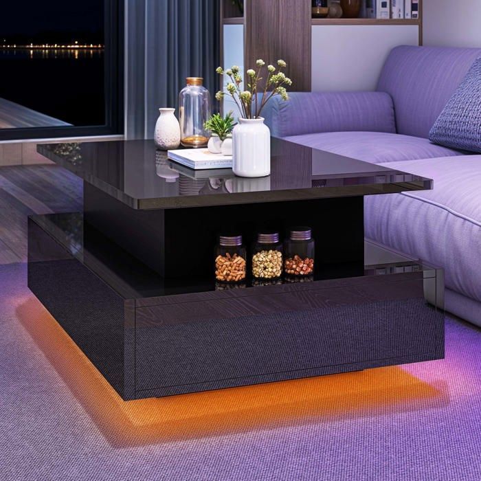 BALCONERA Lift-Top Coffee Table, Rectangular Living Room Table with 16 Color LED Lights and 2 Drawers, High-LumiNova Surface, Black