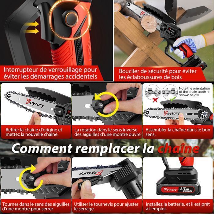 Tronçonneuse Électrique Sans Fil 6 Pouces, Mini Tronçonneuse à Batterie Feytory, Tronçonneuse à Une Main avec Batterie, Chaîne