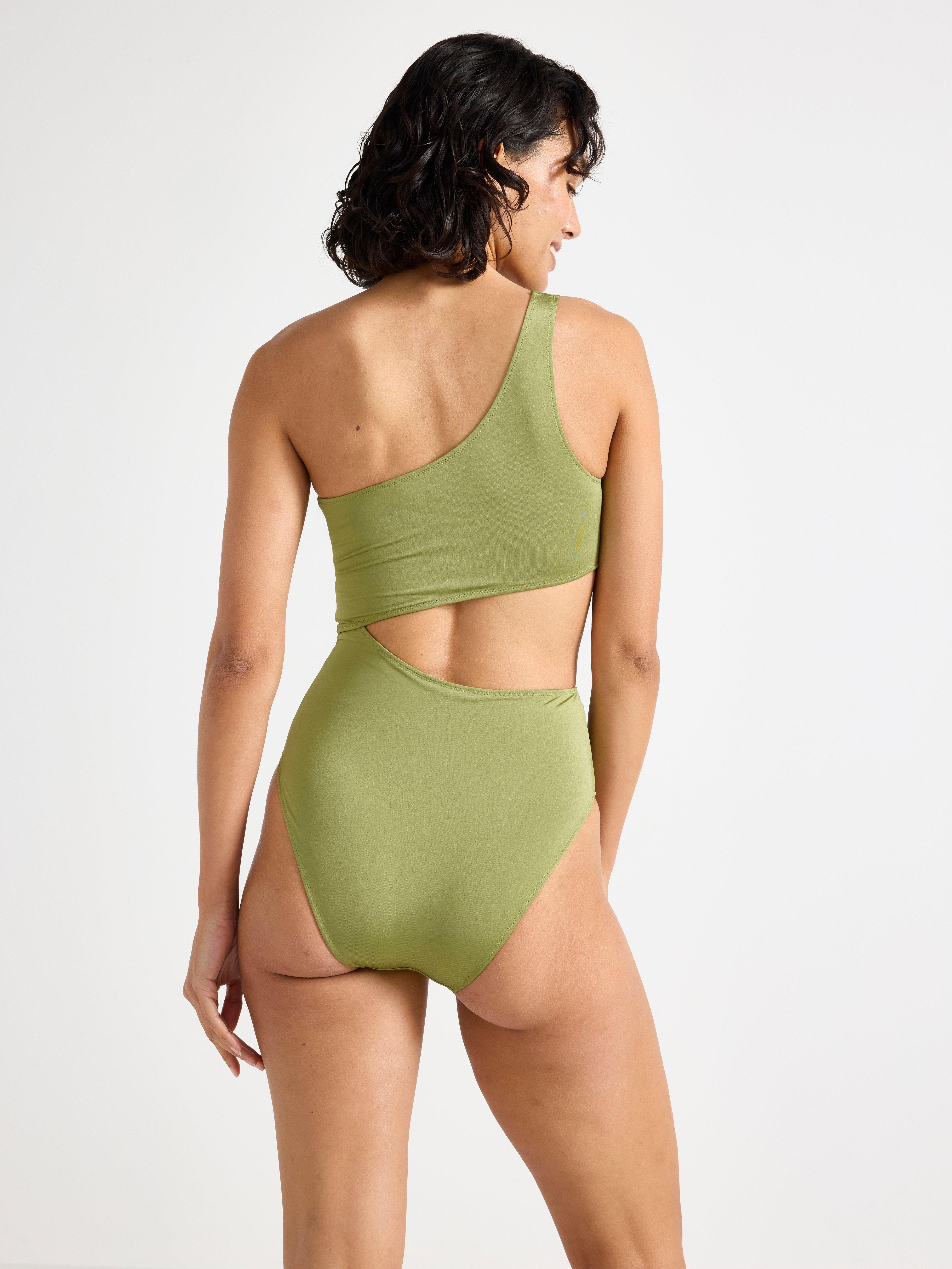 Costum de baie cu un umăr Verde deschis prăfuit