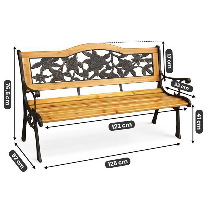 Banc de Jardin Noir ROSA avec Bois laqué et Pieds en Acier, Largeur 127 cm