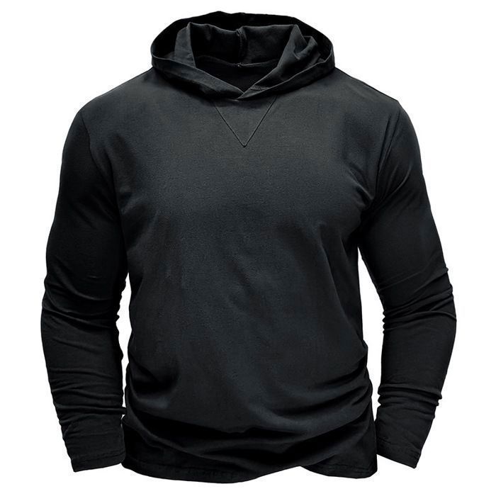 Camiseta de manga larga con capucha para hombre, estilo casual, color liso - Negro
