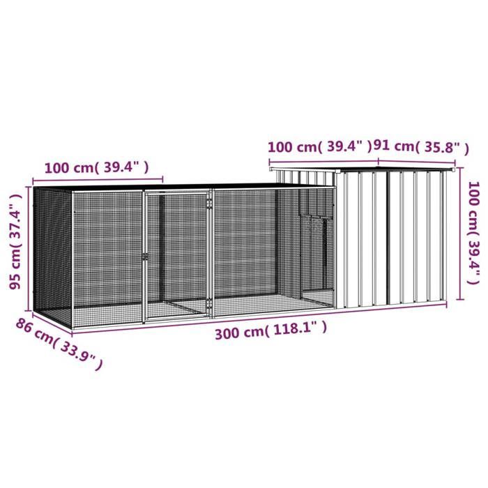 Gallinero de acero galvanizado - Felicidad - Antracita - 300x91x100 cm - Puerta 46,5x74,5 cm