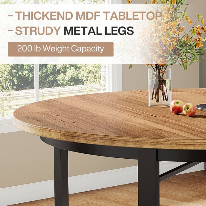 Tavolo da pranzo rotondo, Little Tree, 118,5×118,5×76 cm, tavolo da cucina con gambe in metallo massiccio per 4-6 persone, marrone