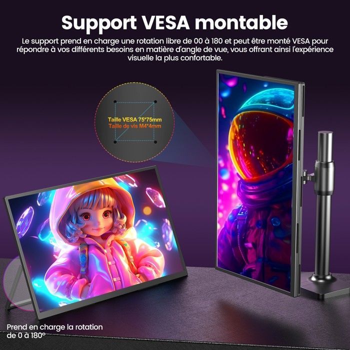 UPERFECT Moniteur portable 18,5 pouces 1080P Full HD 120HZ, 100% sRGB, vitesse de réponse de 14 ms, compatible VESA