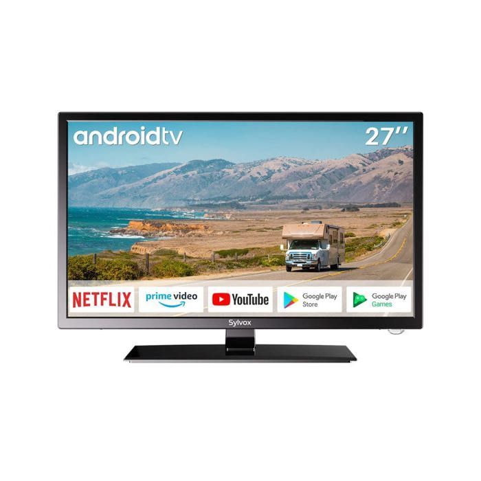 SYLVOX-TV da 27” (69 cm) 12V - Smart Android TV - 1080P - Riproduzione DVD integrata - 3 sintonizzatori - Vibrazione risolutiva - Chromecast - Assistente Google - Wi-Fi - 2 HDMI