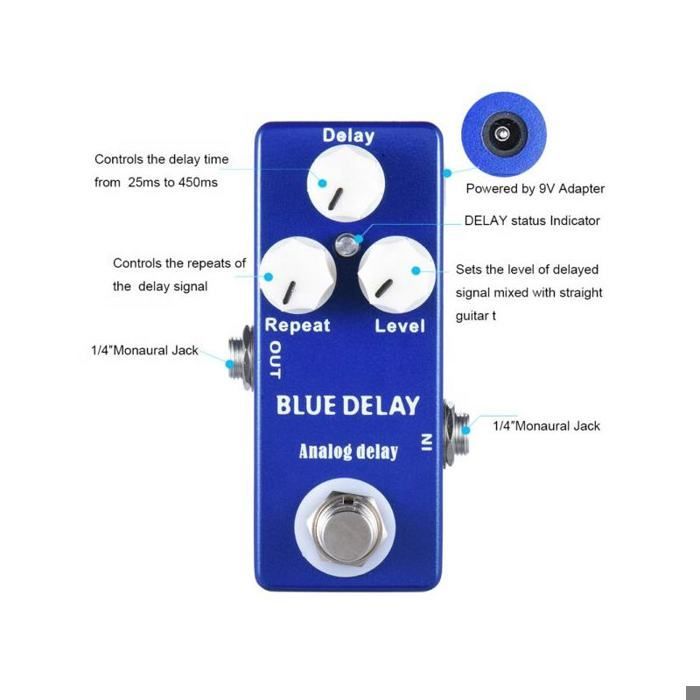 Pedal de efectos para guitarra - RNCYN - Mini pedal - Analógico - Delay - True Bypass - Azul profundo - Efecto único