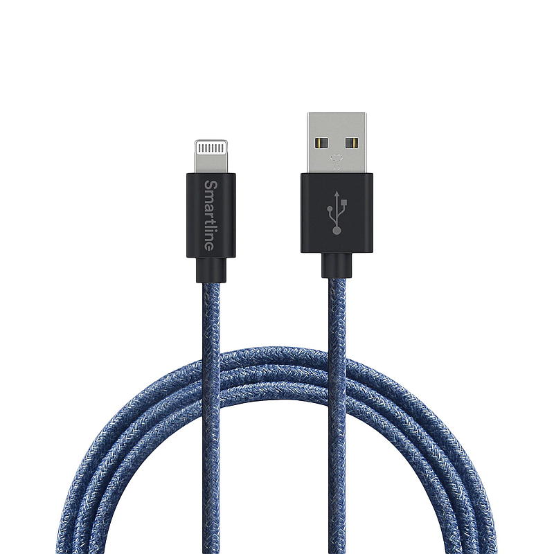 Smartline opladningskabel 2 m USB-A til lightning, blå Fuzzy