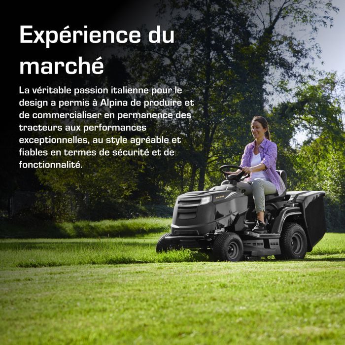 Tractor de jardín – Alpina – AT4 84 HA – 6,3 kW, ancho de corte de 84 cm, recogedor de hierba de 200 L, transmisión hidrostática, hasta 3000 m²