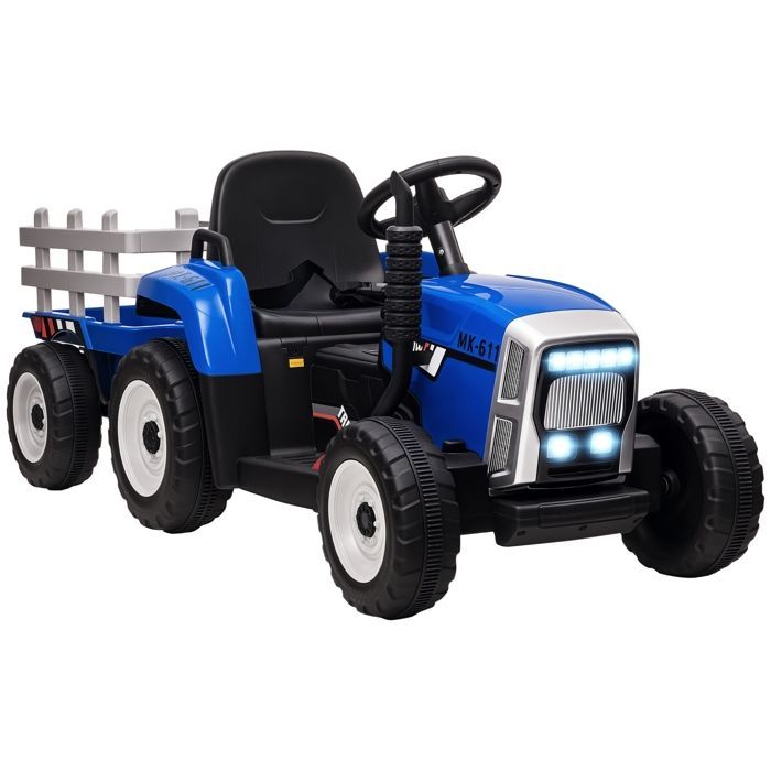 Tractor eléctrico HOMCOM con remolque desmontable, mando a distancia, reproductor de música MP3, pantalla y luces, para niños de 3 a 6 años, color azul.
