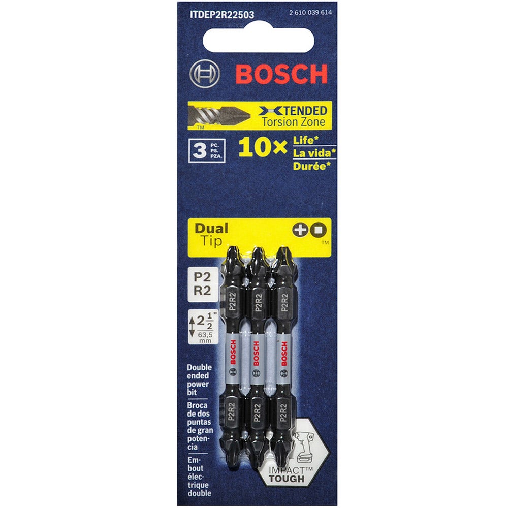 BOSCH P2R2 x 65 mm, Phillips/Robertson Doppelzahn-Schlagschrauberbits – IMPACT TOUGH – 3 Stück