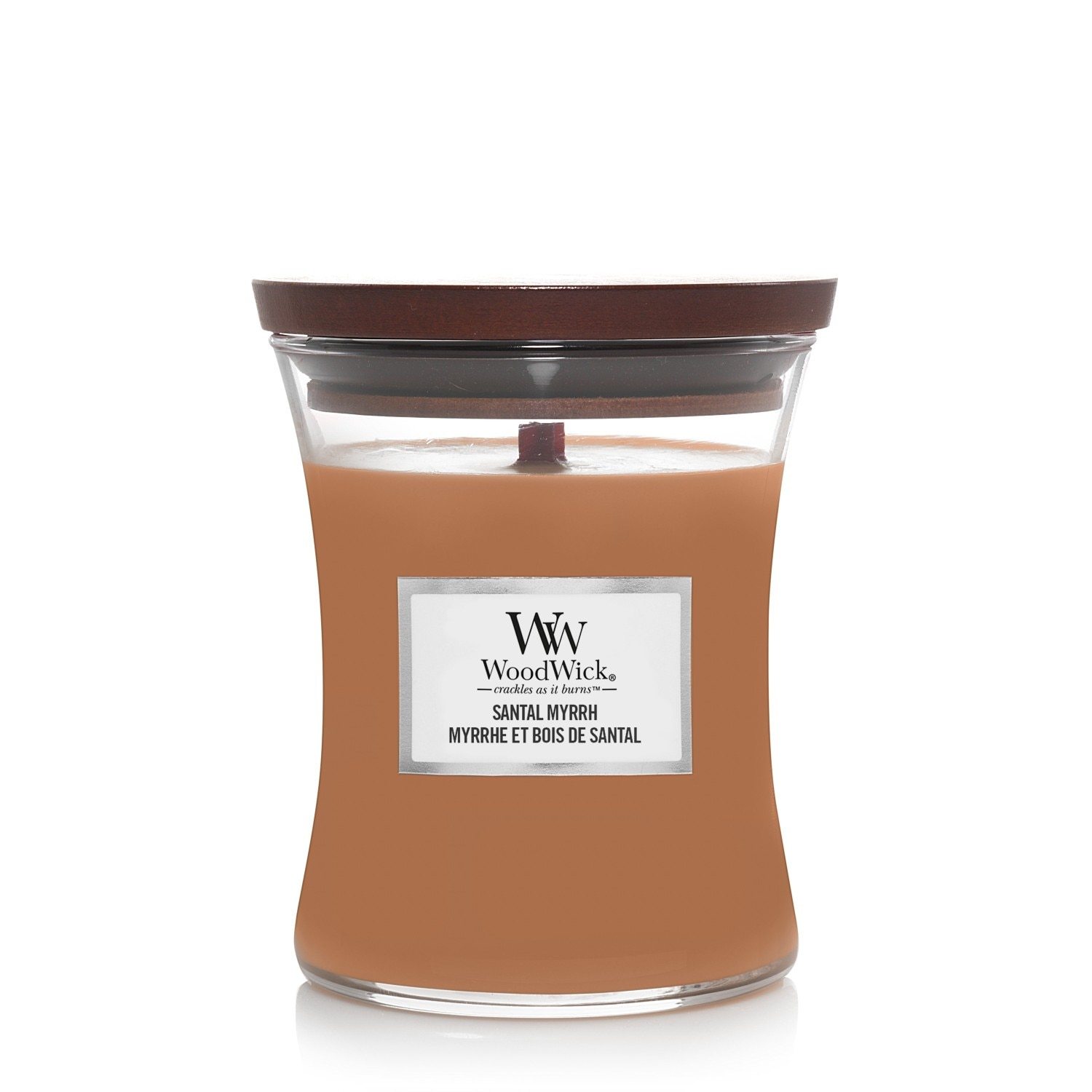Aromātiskā svece WoodWick stikla burciņā, vidēja izmēra, Santal mirres aromāts - 275 g