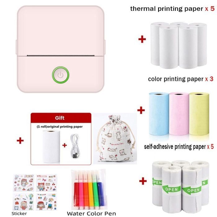 Imprimante photo portable Bluetooth mini sans fil, compatible smartphone, kit complet stickers papiers couleurs, rose