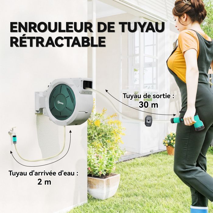 Enrollador de manguera de pared - Outsunny - 30 m x 15 mm de diámetro - Retráctil automático, giratorio 180° - Boquilla de 7 modos - Gris