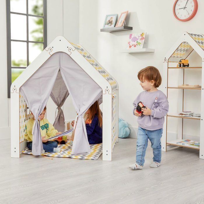 Cozy Kids - Cabane enfant en bois blanc avec tente tissu - Maison de jeu Montessori intérieur
