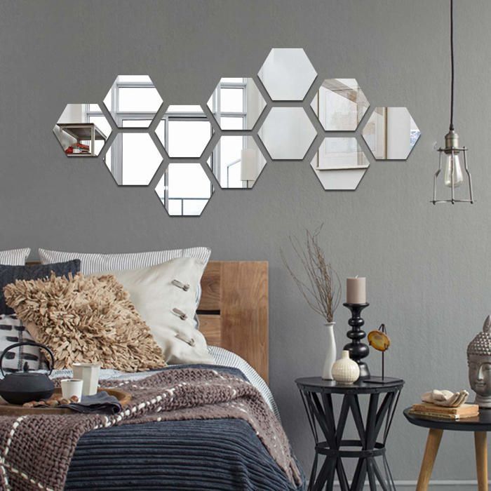 12 pegatinas acrílicas con efecto espejo para pared, ideales para salón y dormitorio, 17,7 cm x 15,3 cm (hexagonales, plateadas).