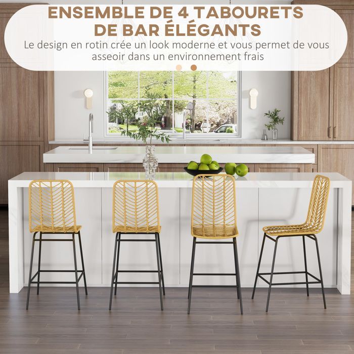 Juego de 4 taburetes de bar - HOMCOM - respaldo y reposapiés de mimbre - estructura de acero - 42,5 x 52 x 102 cm - amarillo