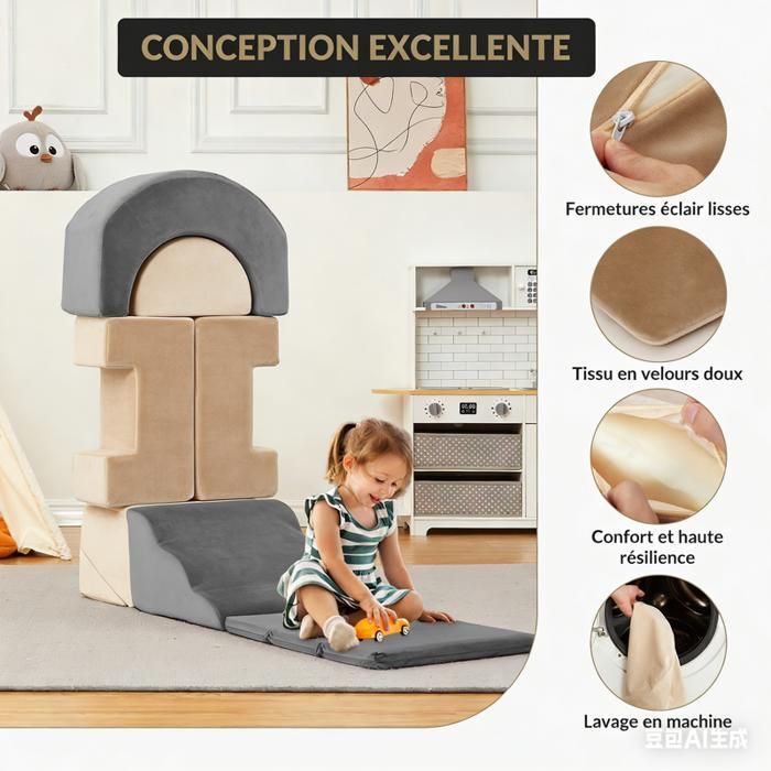 7 bloques de construcción/escalada de espuma para niños, juego de interior suave + tobogán, rampa y escaleras, gris y beige.