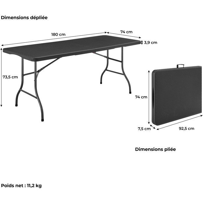 Mesa de recepción plegable - TERRANOVA - Negra - Estructura de acero y tablero de polietileno HDPE - 8 personas - 180 x 74 x 73,5 cm