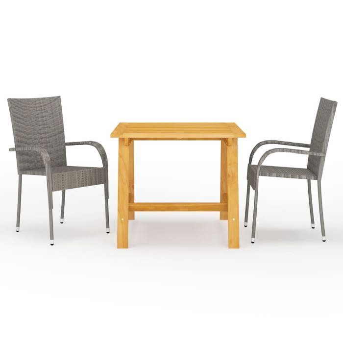 Tuineetset - BURKE - 3-delig - Grijs - Massief acaciahout - Geweven hars - Tafel van 88x88x74 cm