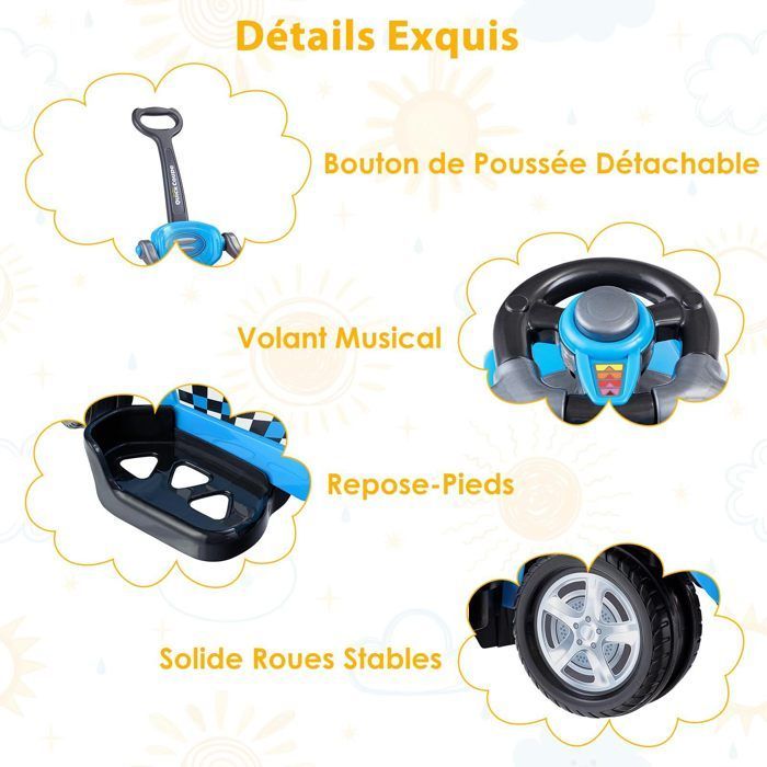 DREAMADE 3-in-1 Kinderauto mit abnehmbaren Griffen, Lenkrad, Hupe und Stauraum, Blau