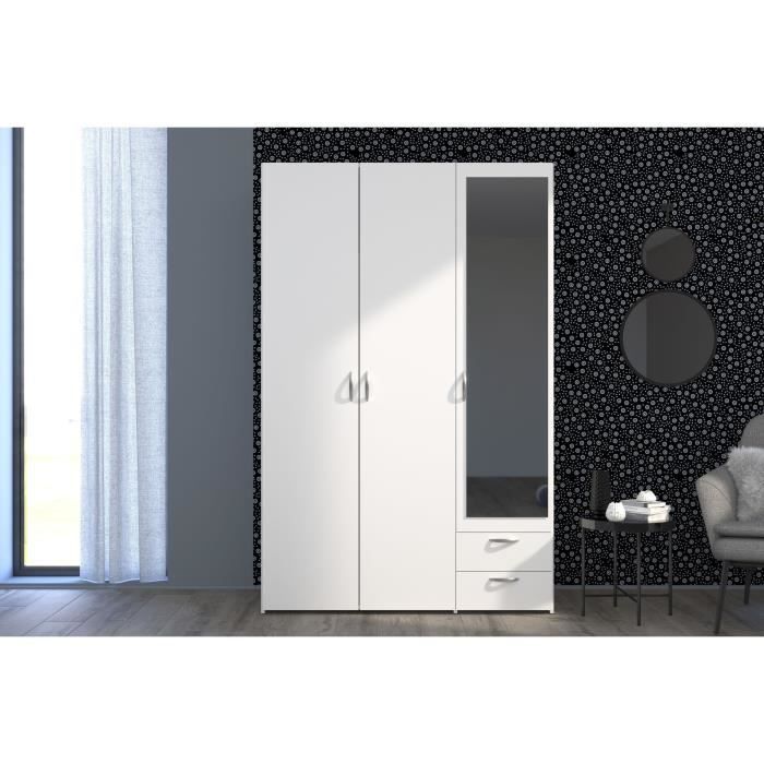 Chambre complète adulte ZODIAC : Lit 140x190 avec tiroir + Armoire 3 portes et 2 tiroirs + 2 chevets - Décor Blanc - PARISOT