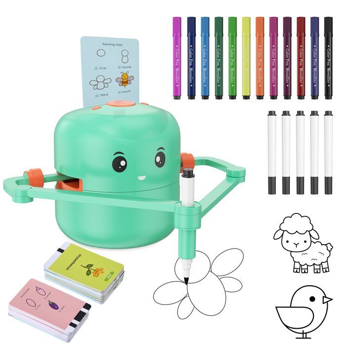 Robot Dessinateur Enfant Rechargeable Robot Dessin avec 100 Cartes et 17 Stylos–Jouet Éducatif Interactif pour Garçons et Filles dès