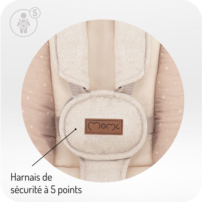 MoMi PEARL - Altalena elettrica per neonati a 360° - 5 velocità, 10 melodie, Bluetooth - Schienale regolabile - Barra giochi - Beige