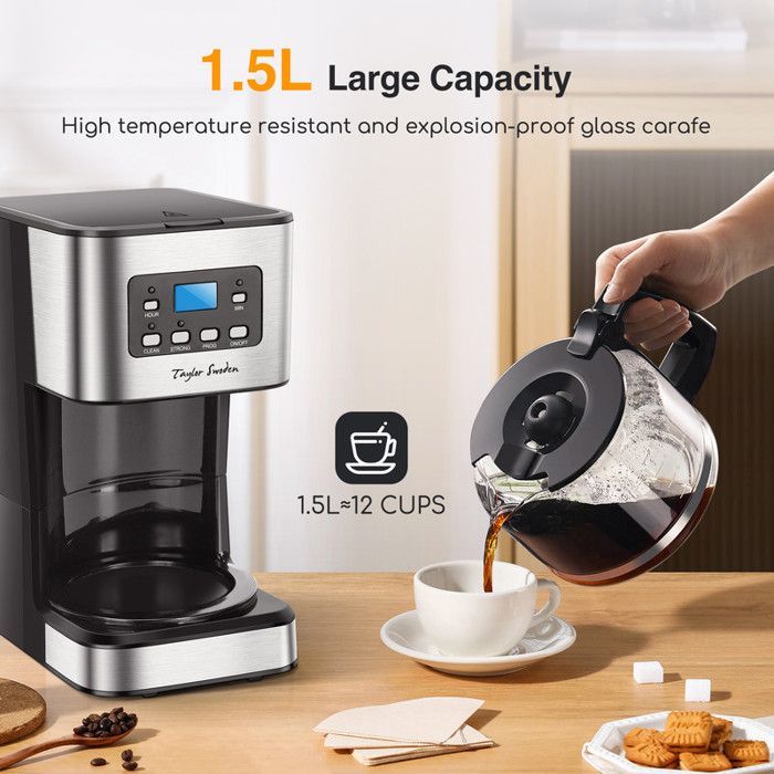Cafeteira de filtro Taylor Swoden, cafeteira elétrica programável para 24 horas, capacidade de 1,5L (12 xícaras), com função manter aquecido.