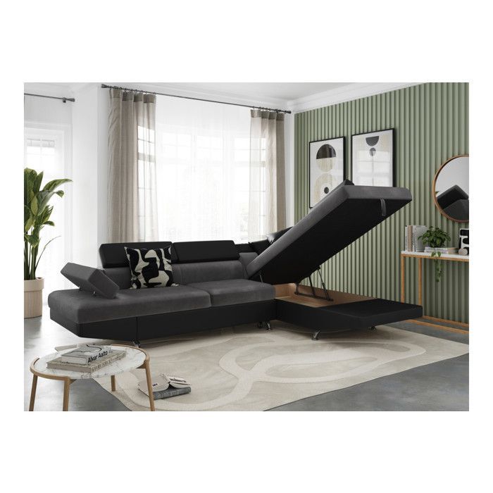 Sofá cama esquinero derecho RIO de 5 plazas con almacenamiento, en microfibra y piel sintética - Gris/Negro - 271 x 192 x 70 cm - LOUNGITUDE
