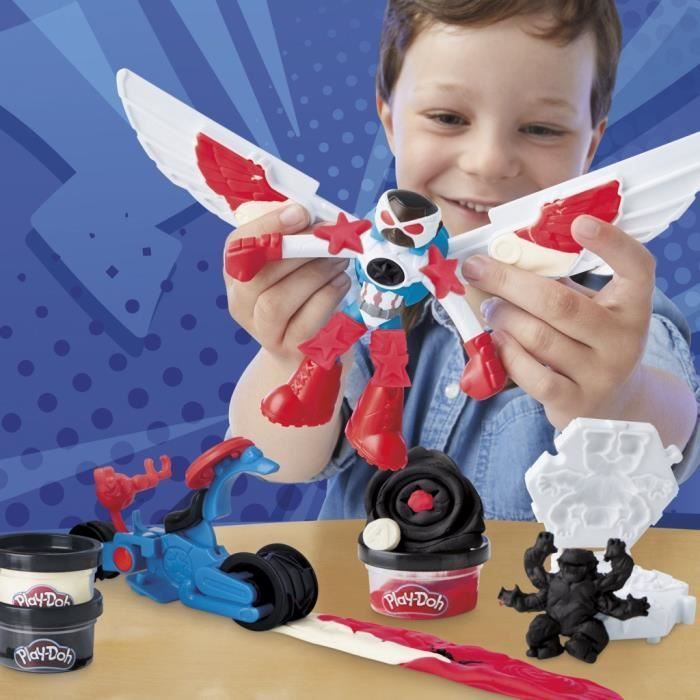 Play-Doh Captain America, coffret Moto tranchante avec figurine flexible, 3 accessoires et pâte à modeler, dès 4 ans, Marvel