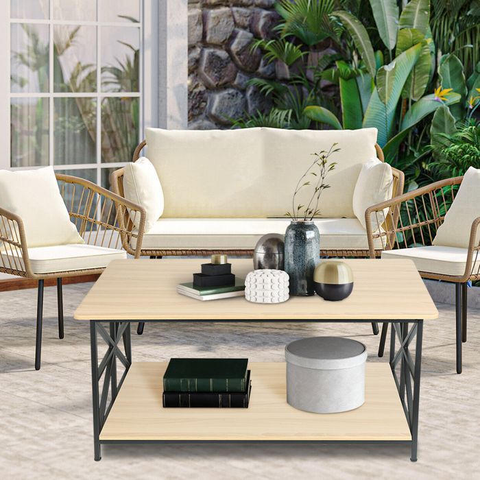 Mini table basse, table basse à double rangement, table de loisirs, 100*52*47,5 cm, marron clair + structure noire.