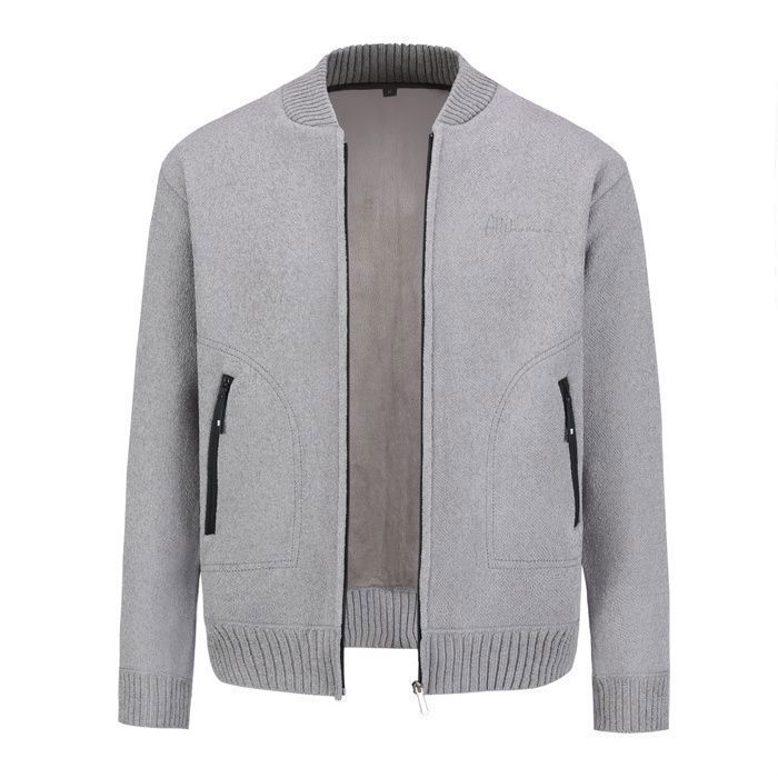 Cardigã masculino Allthemen com gola mandarim, fechamento em zíper, mangas compridas, modelagem relaxada, bolso lateral, cinza claro.