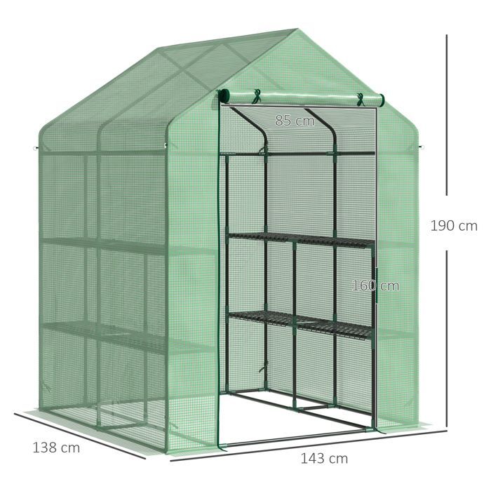 Serre de Jardin - Outsunny - avec Étagères 3 Niveaux - Bâche PE 140 g/㎡ Renforcée et Châssis Acier - pour Légumes et Fleurs - Vert