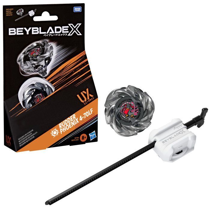 Beyblade X Starter Pack Rudder Phoenix 4-70LF UX, toupie Takara Tomy de type attaque avec lanceur, toupies de compétition, dès 8 ans