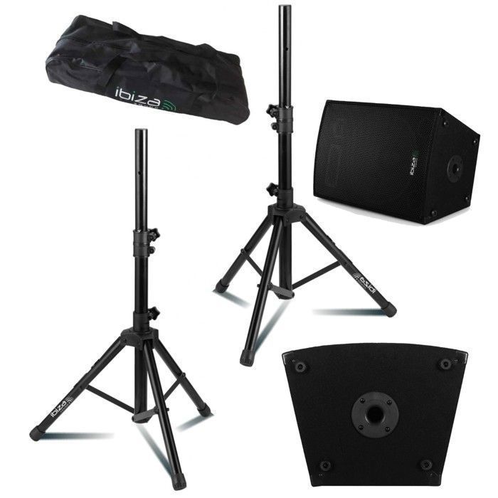 DJ Sound System Pack: 2 Ibiza DISCO12B Speakers (2x600W) - Speaker Stand - 2x480W Fan-Assisted Amplifier - 2 BUBBLE-DREAM LED Bubble Machines - Cables