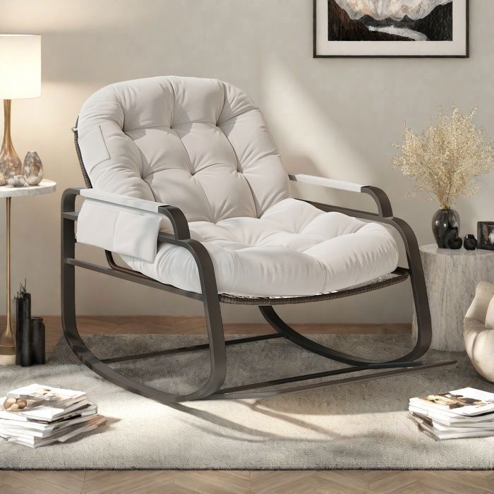 Mecedora - TANANT - Ratán - Cojín acolchado - Tela de lino - Beige