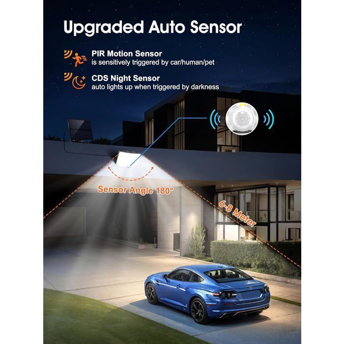 Luminária solar externa, 238 LEDs, 2000 lúmens, com sensor de movimento e 3 modos de iluminação.