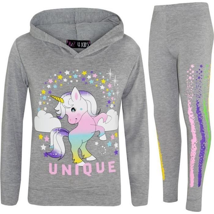 Chándal de unicornio arcoíris para niñas - Gris - Manga larga - Sudadera con capucha y leggings - Edades 7-13