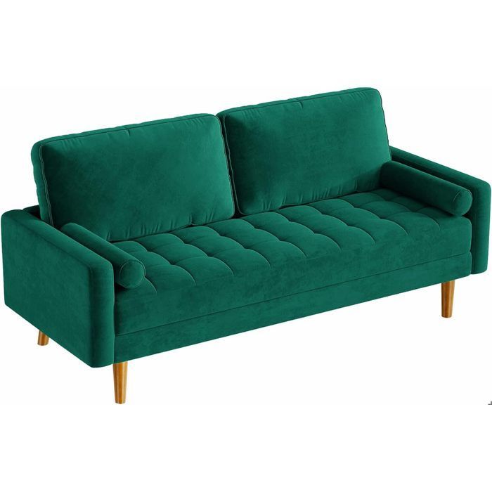 Canapé 3 Places en Velours Confortable,Canapé Scandinave avec 2 coussins pour salon,Fauteuil Moderne 78×176×85cm,Vert