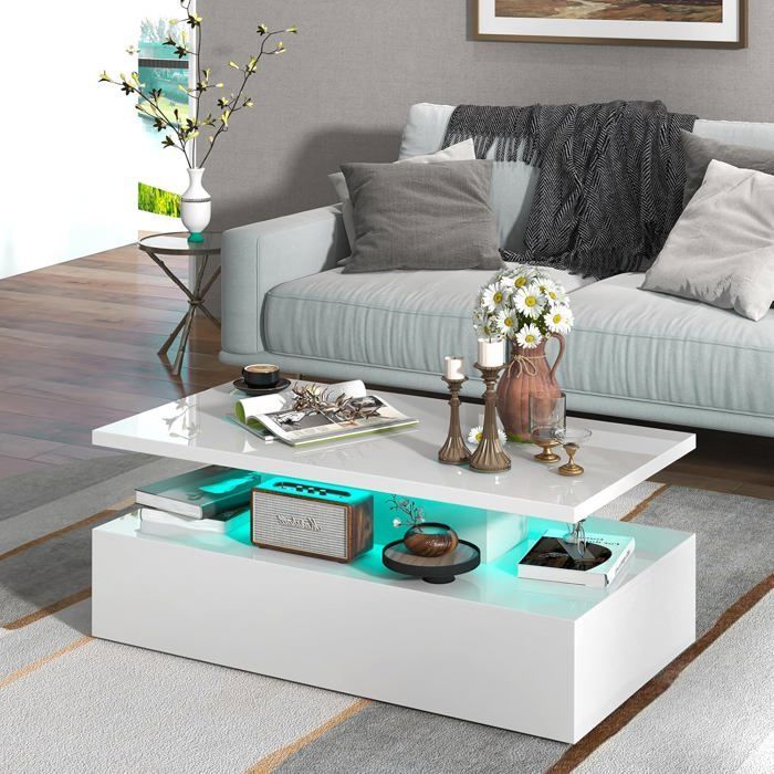 Mesa de centro iluminada de 2 niveles COSTWAY, colores de luz LED ajustables, brillo ajustable, control remoto, blanco brillante.