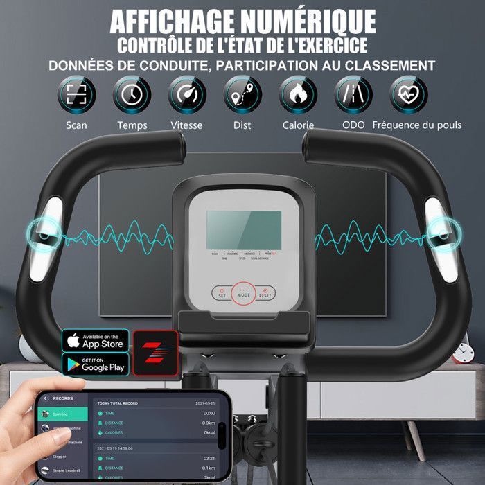 Folding exercise bike with app connectivity, featuring a rotating deck, pull-up bar, and 10 levels of magnetic resistance.