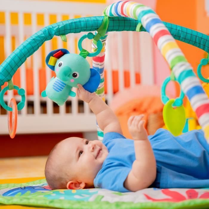 Alfombra de juegos plegable y convertible para bebés BRIGHT STARTS - Verde selva - con arco, juguetes sensoriales y musicales y espejo.
