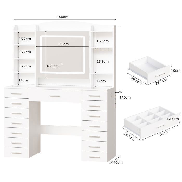 Coiffeuse Grande avec Miroir , LED Réglable, Prise et Port USB, 15 Tiroirs, 105X40X140cm，Blanc