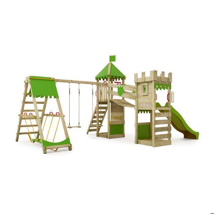 Tour de jeux bois FATMOOSE RiverRun Royal XXL avec SurfSwing, toboggan 220 cm vert pomme et pont suspendu – 10 ans de garantie*