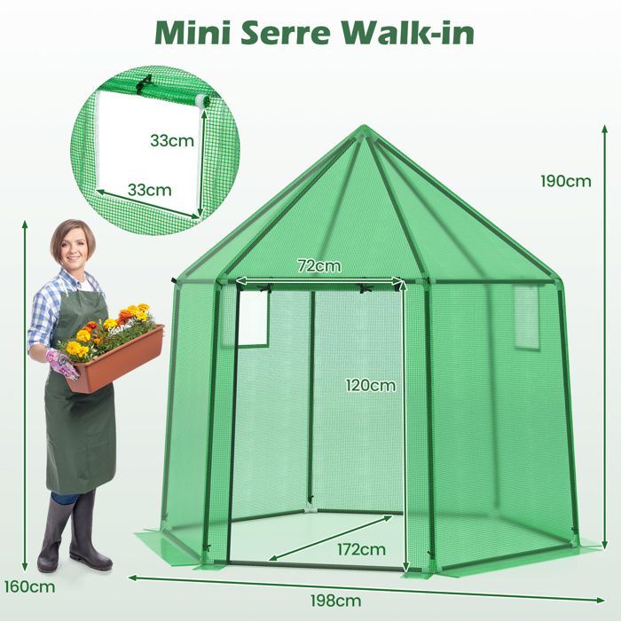 COSTWAY Outdoor Garden Greenhouse with PE Cover, Rustproof PE-Coated Metal Frame, Zipped Door, 198x172x190cm