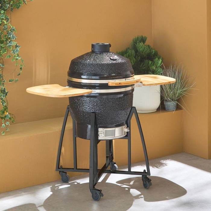 Barbacoa, parrilla y ahumador de carbón KAMADO, cerámica Ø57cm con ruedas, estantes laterales y tapa.