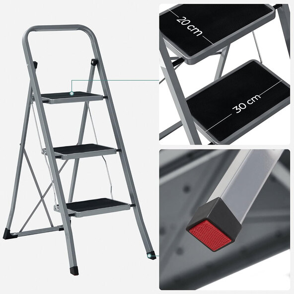 Folding step stool GSL003GY01 with 3 steps, grey