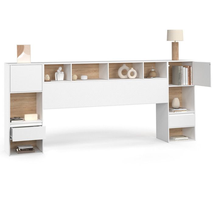 IDMARKET Tête de lit sur pied CAMPHA 240 cm avec chevets tiroir + placards + niches bois et blanc