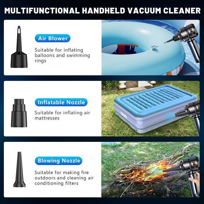 Aspirateur a Main 120w avec Hepa Filtre - Aspirateur Voiture Puissant sans Fil - HYKJSIDE - 16000Pa - Affichage Led - 6000mAh Noir