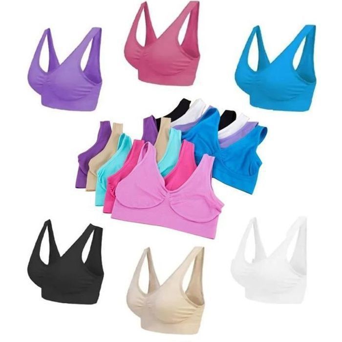 Pack de 6 sujetadores deportivos cómodos sin costuras para mujer, negro, blanco, nude, rosa aguamarina, morado, azul, rojo, rosa #XL